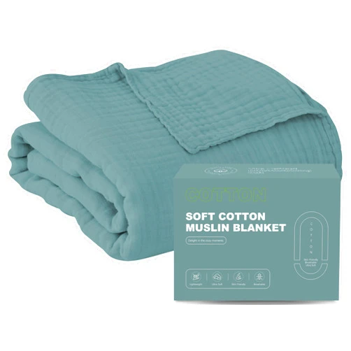 Cosy Family 6 Layer Muslin Bed Blanket - Breathable and Lightweight Gauze Boho Blanket for Spring, Soft 100% Cotton Muslin Blanket, Green, 55x80 Inches