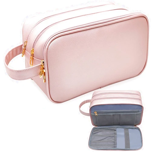 Crownmart Large Travel-Essentials Toiletry Bag for Women,Water Resistant Makeup-Bag-for-Travel-Accessories,Bathroom, Dorm Room Essentials,Eco Leather Cosmetic Organizer Bag with Handle, Pink, L,