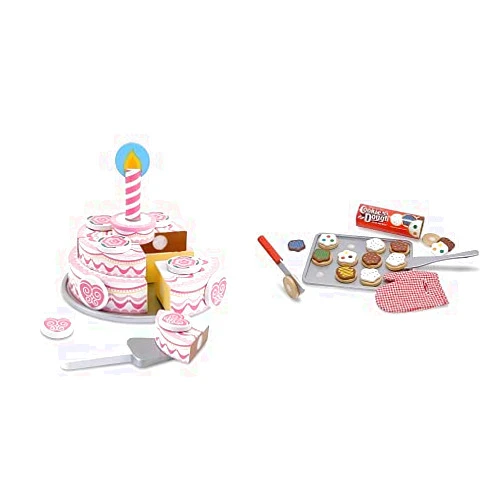 Melissa & Doug Wooden Triple-Layer Party Cake & Slice and Bake Cookie Set English Only Toy + Slice and Bake Cookie Set