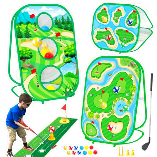 YSZZYSM 4-In-1 Kids Sticky Golf Games Set With Club, Golf Putting Practice Mat,3-Sided Golf Chipping Net, Multiple Game Modes, Golf Cornhole Board Set, Indoor & Outdoor Golf Practice For Kids & Adults