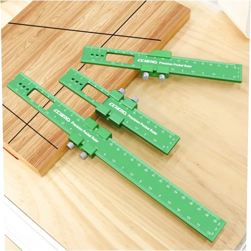 CCIEAO Pocket Ruler with Slide Stops Aluminum Slide Ruler Inch and Metric T-Type Woodworking Precision Scribing Ruler Square Layout Tool Woodworking Tool