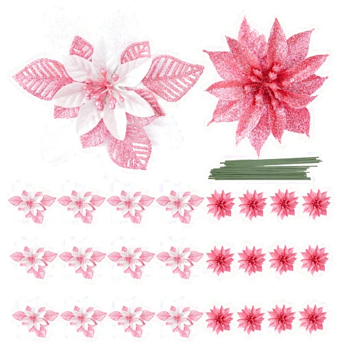 LEHIYIJIA 24Pcs Poinsettia Christmas Flowers Decorations with Stems, 2 Styles Glitter Artificial Poinsettia Christmas Tree Ornaments, for Xmas Tree Wreath Garland Holiday Decor, Pink