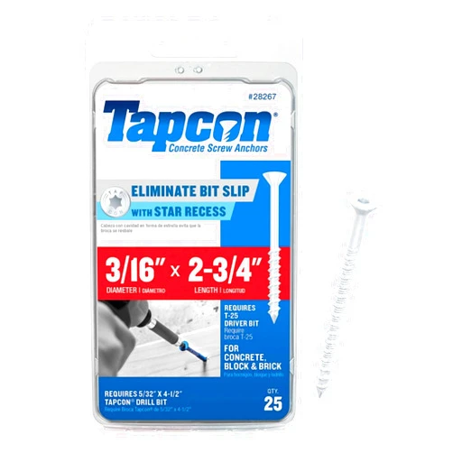 Tapcon 28267 3/16x2-3/4 White Star Drive Bugle Head Concrete Anchors 25/Box
