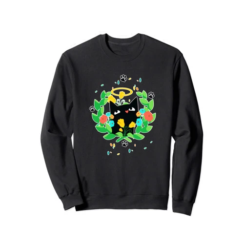 Visit The Feline Serenity Apparel CUTE BLACK ANGEL CAT HALO KITTEN SPRING GREEN WREATH Cute Sweatshirt