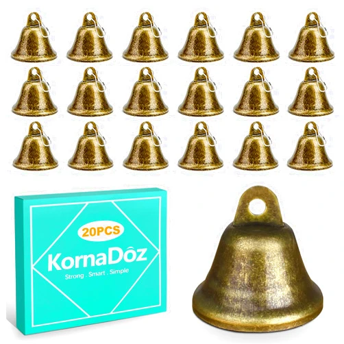 KornaDoz 20 PCS Small Brass Jingle Bells with Easy Clip-On Design, Vintage Bronze Tone Miniatures for Dog Collars, Pet Charms, Christmas Tree Ornaments, Holiday Creations, Wedding & Party