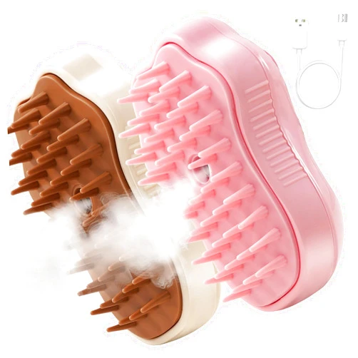 FRAMICS 2 Count Cat Claw Hair Brush Set, 3 in 1 Function Rechargeable Steamy Pet Brush Self-Clean, Silicone Spray Cat Steamer Brush Massage Pet Hair Removal Comb, Multi Teeth, Pink/Brown