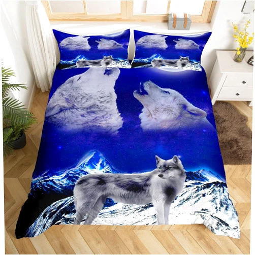 Feelyou Wolf Bedding Set Queen for Kids Boys Men 3D Roaring Wolves Print Bedding Comforter Cover Wildlife Animal Duvet Cover Galaxy Bedspread Cover Personalized Microfiber Blue Moonlight Stars 3 Pcs