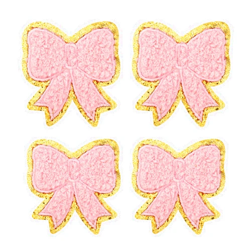 XIHIRCD 4pcs Bow Patches, Pink Embroidered Iron On Patches Bow Gold Sparkling Sewing Patch Sticker Cute Decorative Applique for Clothes Jeans Jacket Coat Hat Bag Backpack T-Shirt DIY Accessories