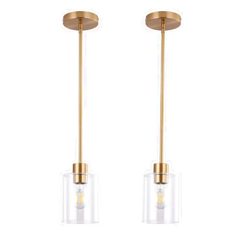 KLSS Brass Pendant Lights Kitchen Island,Modern Farmhouse Clear Glass Pendant Light,Gold Light Fixture Kitchen Pendant Mini Hanging Light Fixture for Sink (Brass 2 Pack stem Rod)
