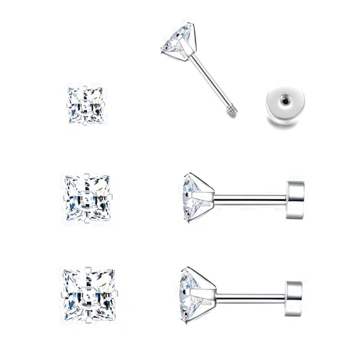 Purbeaut Surgical Steel Studs Earrings for Women Men,Hypoallergenic Silver 14K Gold Plated Stainless Steel Square/Heart/Five-Point Star Shape Cubic Zirconia Studs Earrings for Sensitive Ears Cartilage Helix Piercing