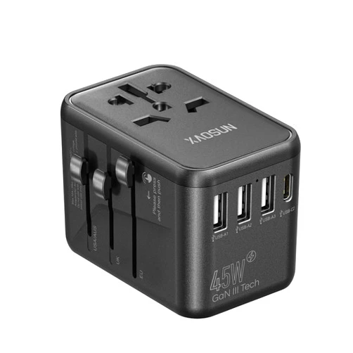 XAOSUN Universal Travel Adapter, 45W GaN travel plug adapter, International Charger AC Plug Adapter 3 USB-A & 2 Type-C, Worldwide Travel for Most Europe EU US UK AU JP