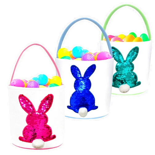 Poptrend Easter Basket Bags,Easter Eggs/Gift Baskets for Kids,Bunny Tote Bag Bucket for Easter Eggs,Toys, Candy,Gifts (3 Pack Blue Green Pink)