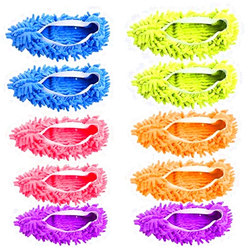 QKAIFRYSUG 5 Pairs Washable Dust Mop Slippers Microfiber Cleaning Mop Slippers Shoes Dust Floor Cleaner Multi-Function Floor Cleaning Shoes Cover (Green,Blue,Orange,Purple,Pink）