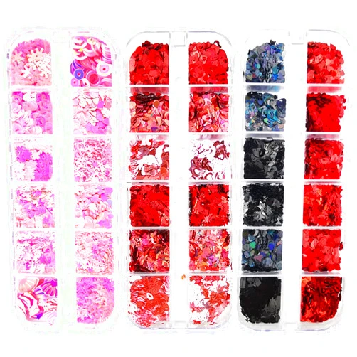 Walacot 36 Grids Red Black Pink Valentine 3D Holographic Nail Glitter Mixed Heart Love Lip Flakes Valentine's Day Sequins for Women Girls Acrylic Nail Art DIY Manicure Decoration