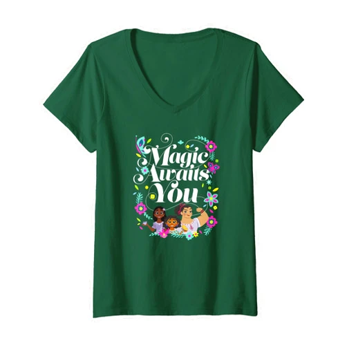 Disney Womens Disney Encanto Magic Awaits You Group Shot Poster V-Neck T-Shirt