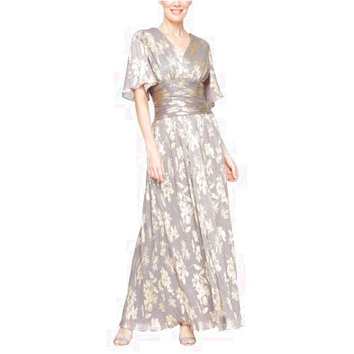 S.L. Fashions Womens Long A-line Mother of The Bride Dress with Ruched Waist (Petite and Regular Sizes)