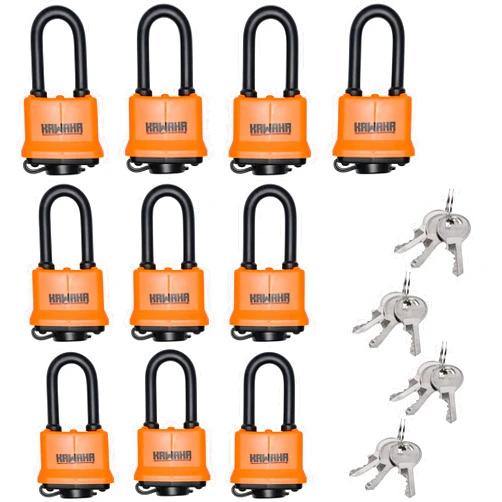 KAWAHA 91/40L-10P Waterproof Laminated Long Shackle Padlocks with Key, Heavy Duty, Keyed Alike, Laminated Steel Body with Thermoplastic Case, 1.75 in.