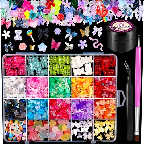 Sinyanail 3D Resin Nail Charms Mix Rabbit Flower Bear Bowknot Metal Alloy Butterfly Nail Charms Gummy Star Heart Lollipop Acrylic Hollow Beads with Nail Charm Glue and Pickup Tools(20 with Glue)