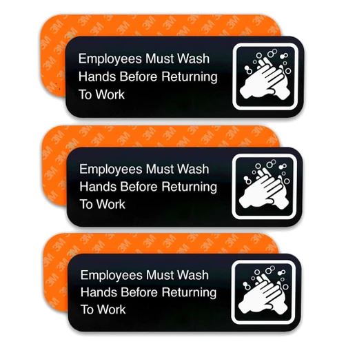 ADASigns.org ADASigns Employees Must Wash Hands Before Returning to Work Sign Package of 3 Signs – 3” x 9” Durable Black Acrylic with 3M Double Sided Strong Tape for Easy Installation – Hand Washing Signs for Restaurants & Businesses