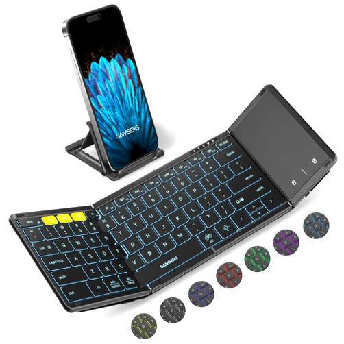 Samsers Foldable Bluetooth Keyboard with Touchpad, Full-Size Wireless Folding Keyboard with Backlight, Portable Travel Keyboard for iOS Android Windows Mac OS, Support 3 Device(BT5.1 x 3), Black