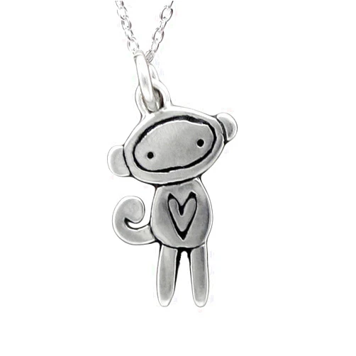 Mark Poulin Sterling Silver Tiny Sock Monkey Necklace on 16