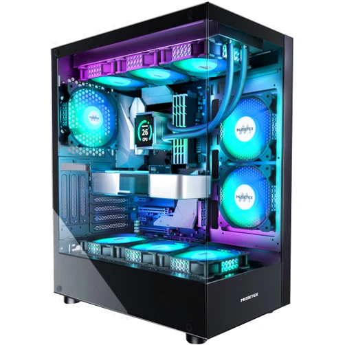 MUSETEX PC CASE ATX 6 PWM ARGB Fans Pre-Installed, Type-C Mid Tower Computer Case with Full-View Dual Tempered Glass, Gaming PC Case,Black(K2)