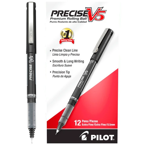 Pilot, Precise V5, Capped Liquid Ink Rolling Ball Pens, Extra Fine Point 0.5 mm, Black, Pack of 12