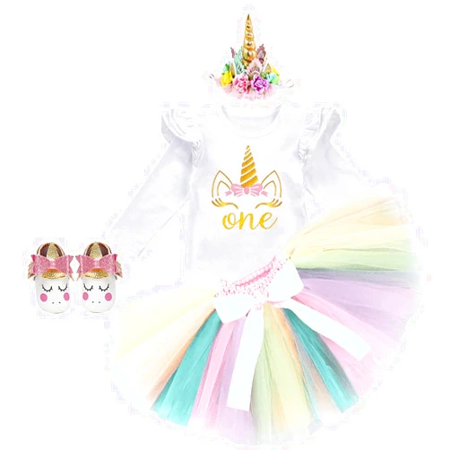 MYRISAM Baby Girls Birthday Cake Smash Unicorn Outfits Princess Romper Bodysuit Rainbow Skirt Unicorn Headband (Shoes)