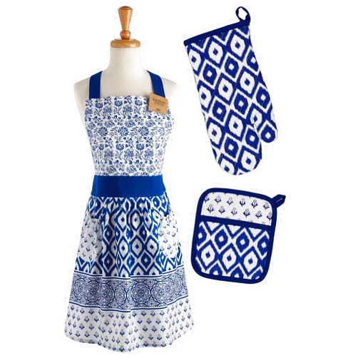 DII Kitchen Gift Set Collection, Apron, Pot Holder & Oven Mitt, Blue Market, 3 Piece
