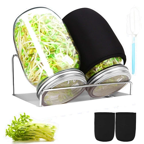 AeKahtay Sprouting Jar Kit, 32 OZ 2 Large Wide Mouth Mason Jars with Sprout Lids, Premium Canning Lids, Blackout Sleeves, Tray,Stand & Canning Brush - Sprouting Kit for Growing Broccoli, Mung Bean, Alfalfa