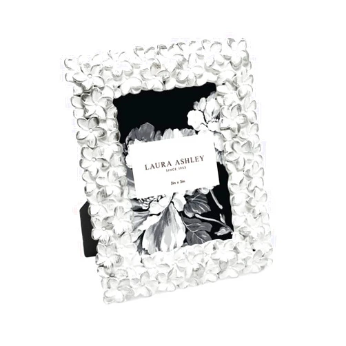 Laura Ashley 2x3 White & Silver Flower Textured Hand-Crafted Resin Picture Frame w/Easel & Hook for Tabletop & Wall Display, Decorative Floral Design Home Décor, Photo Gallery, Art (2x3, White/Silver)