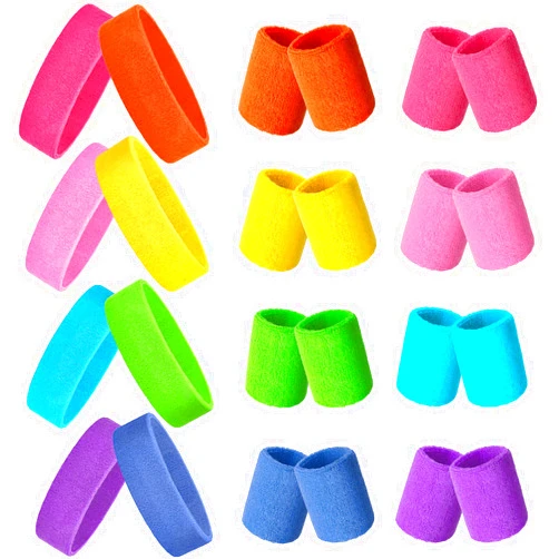 Skylety 24 Pieces 80s Neon Sweatbands Set, Include 8 Sports Headbands and 16 Sweat Wristbands Elastic Athletic Tennis Sweat Bands Bulk for Man Woman