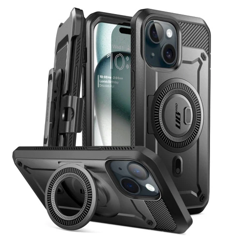SUPCASE for iPhone 15 Case with Stand (Unicorn Beetle Pro Mag), [Built-in Screen Protector & Belt Clip] [Compatible with MagSafe] Military-Grade Magnetic Phone Case for iPhone 15/14/13, Black