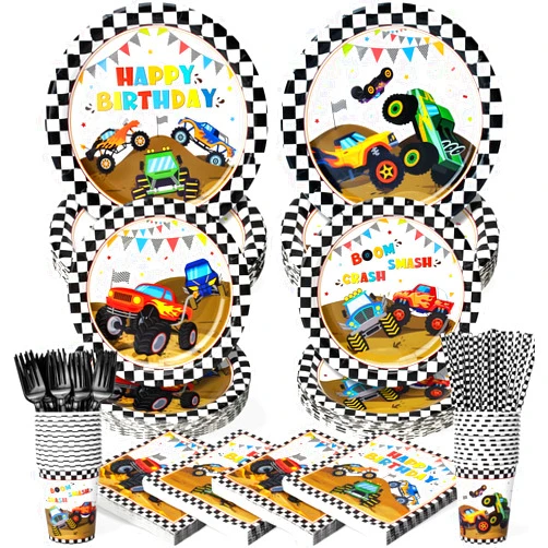 Kinovo 300 Pcs Truck Plates and Napkins Tableware Set, Plates Napkins Cups Straws and Forks Sets, Truck Birthday Decorations, Party Supplies, Serves 50 Guests