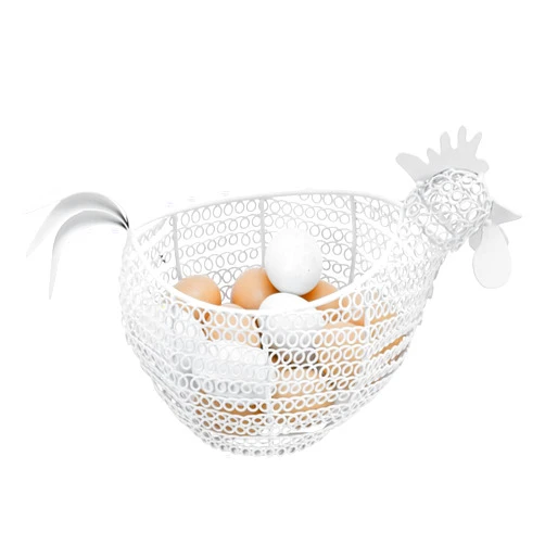 MyGift Modern Matte White Metal Wire Egg Storage Basket in Decorative Chicken Shaped Design, Farmhouse Container for Gathering Fresh Eggs and Easter Decor