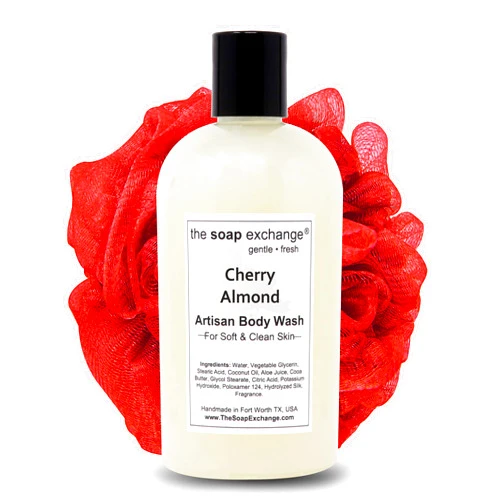 The Soap Exchange Body Wash - Cherry Almond Scent - Hand Crafted 12 fl oz / 354 ml Natural Artisan Liquid Soap for Hand, Face & Body, Shower Gel, Cleanse, Moisturize, & Protect. Made in the USA.