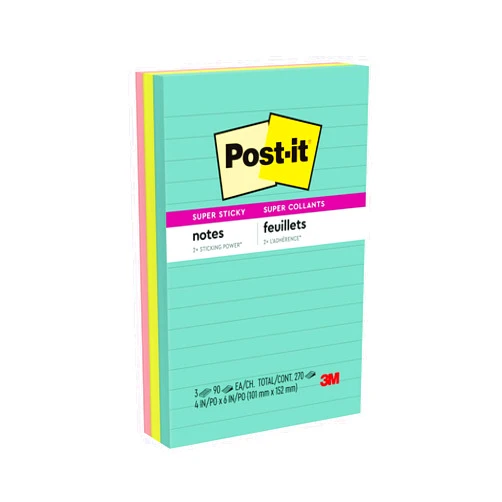 Post-it Super Sticky Notes, 4x6 in, Supernova Neons Collection, Lined, 3 Pads/Pack (4645-3SSAN)