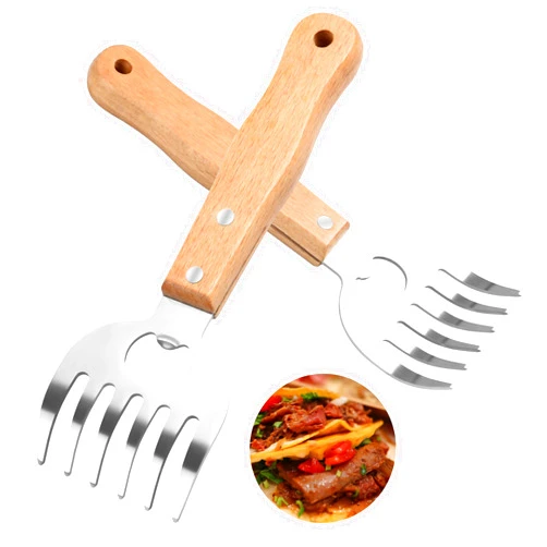DASHTHER Stainless Steel Meat Shredding Claws with Long Wooden Handles for Pulled Pork, Turkey, Chicken - BBQ Tools for Shredding, Pulling, Handling, and Serving