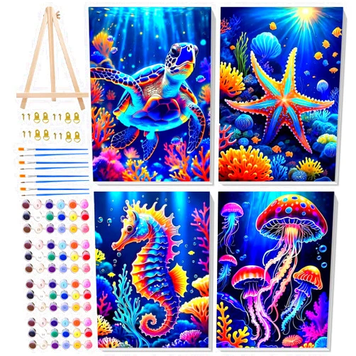 Ycydilirab 4 Pack Framed Paint by Numbers-Sea Turtle Paint by Number Adult,Sea Animal Paint by Numbers Framed Canvas with Wooden Easel for Home Wall Decor (8x12 inch)