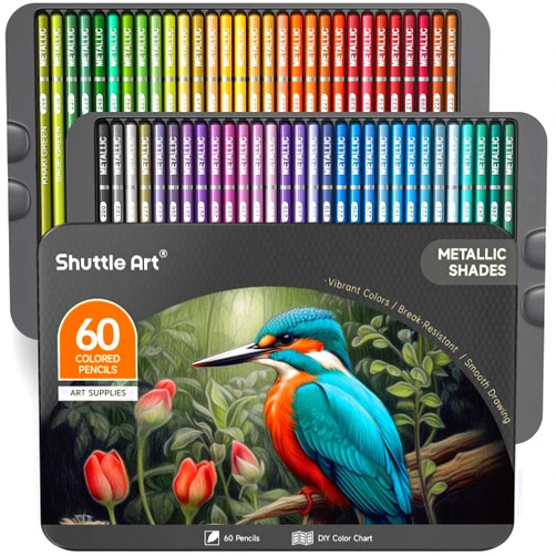 Shuttle Art 60 Metallic Colored Pencils, Colored Pencils for Adult Coloring, Soft Core Coloring Pencils in Gift Tin Box, Color Pencils for Kids Adults Beginners Artists Drawing Coloring Sketching