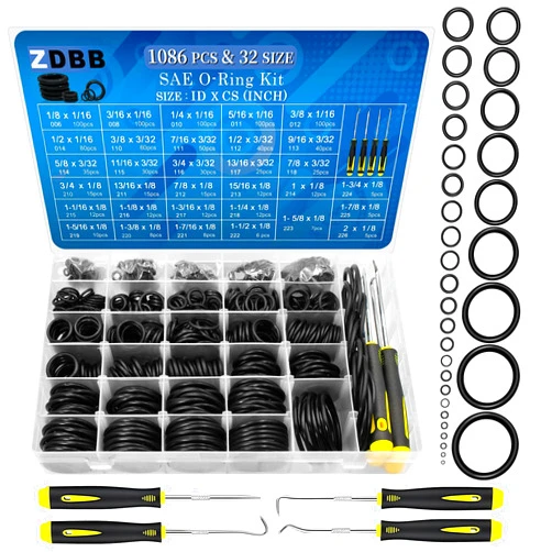 ZDBB 1086 Pcs SAE Standard O Ring Kit Nitrile Rubber O Rings Assortment with O‘Ring Pick for Hydraulic Automotive Plumbing Faucet Seal Repair 32 Size Inch ID:1/8”-2”