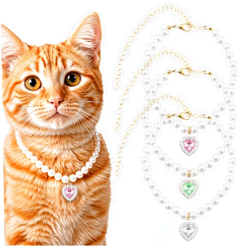 Lusofie Pearl Cat Collar, Adjustable Dog Necklace Collar, Heart Shape Rhinestones Pet Necklace for Pet Wedding Birthday Party Jewelry Accessories Make Your Cats and Dogs More Charming, 3pcs