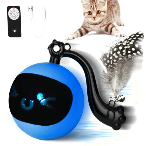 Snoslme Interactive Cat Ball Toy with Remote Control, Automatic Moving Cat Toy Ball with Feather Tail, Electric Cat Puzzle Toy for Chasing and Hunting