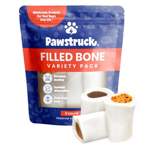 Pawstruck Small 3” Filled Dog Bones Variety Pack - Peanut Butter, Cheese & Bacon, Beef Flavors - Made in USA Long Lasting Stuffed Femur Treat for Aggressive Chewers - Pack of 3 - Packaging May Vary