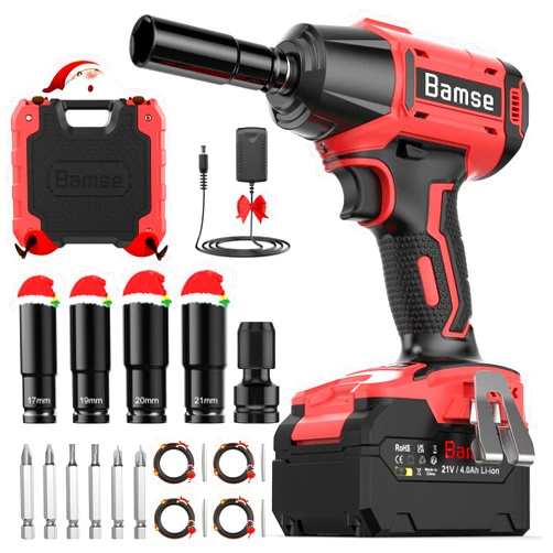 Bamse Impact Wrench Cordless, Brushless Power Impact Gun 21V, 1/2'', 4.0Ah Battery, 3200RPM & Max Torque 480 Ft-lbs (650N.m) with 4 Sockets, Electric Impact Driver for Car Tires and Home