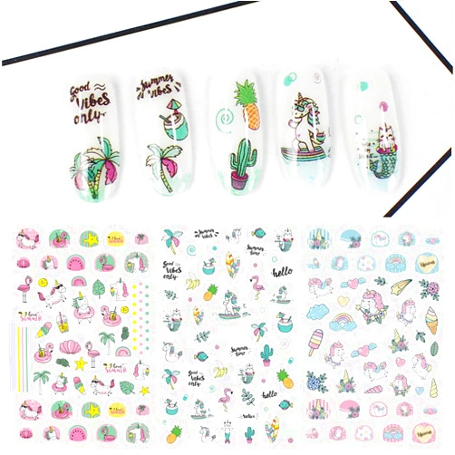 Yarlilyan 7 Sheets Unicorn Kids Nail Sticker, Pink Beautiful Nail Art Decals Artist Painting Polish Self Adhesive Nail Decor, 2.4'' x 3.6''