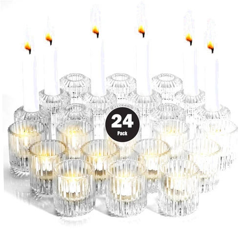 BEAHOT 24 PCS Candle Holders - Strong and Heavy Glass Tea Light Candlestick Holders Taper Candle Stick Holders for Candlesticks & Tealight, Multi Purpose Candle Stick for Centerpiece Table Decor