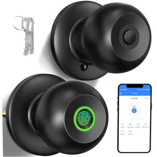52HZ Fingerprint Door Knob with Lock, Smart Lock for Bedroom Door, Biometric Door Lock with App Control & Key, Thumbprint Keyless Entry Door Lock for Front Door, Home, Apartment, Office, Matte Black