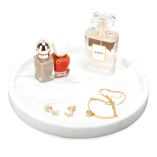 WORHE Natural Marble Decorative Tray, Bathroom Bedroom Kitchen Dresser, Round Vanity Tray for Perfume, Cosmetic, Candle, Countertop Storage Organizer Home Décor Color White (TP601)