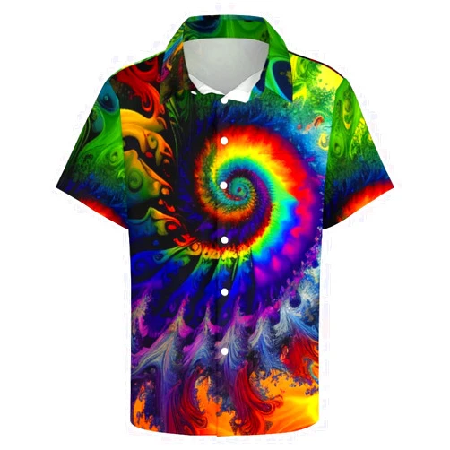 Liohans Hawaiian Mysterious Psychedelic Rainbow Totem Tie-Dye Lapel Pocket Short Sleeved Shirt Button Shirt